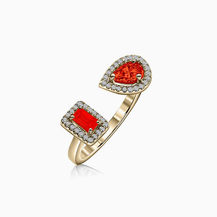 Fire Opal Emerald and pear open diamond ring