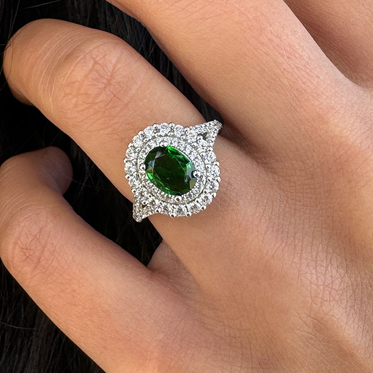 Green Tourmaline with double halo engagement ring