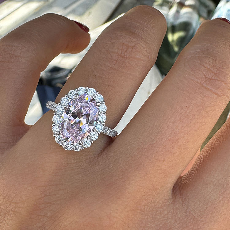 Kunzite and diamond halo ring