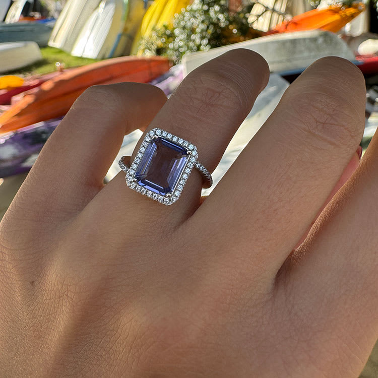 Emerald cut Amethyst and diamond ring White gold