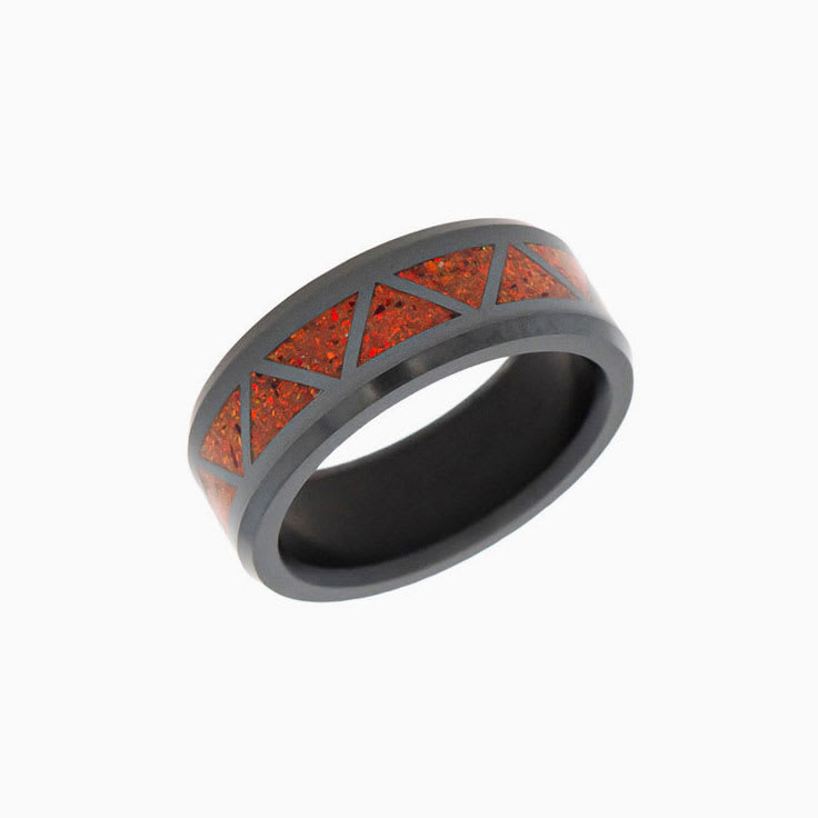 Black Diamond Ring With Red Opal Triangles