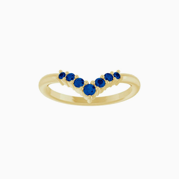 Round Blue Sapphire Graduated V Ring