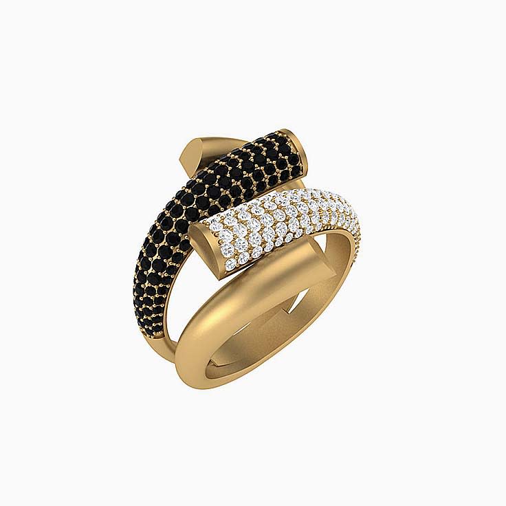 Half cross-over ring with black and white diamond