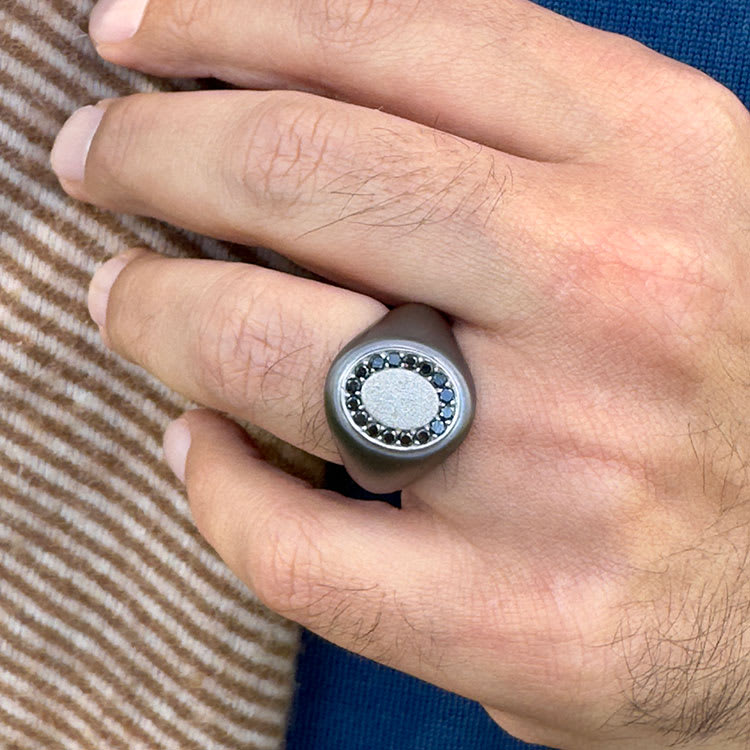 Tantalum and black diamond signet ring