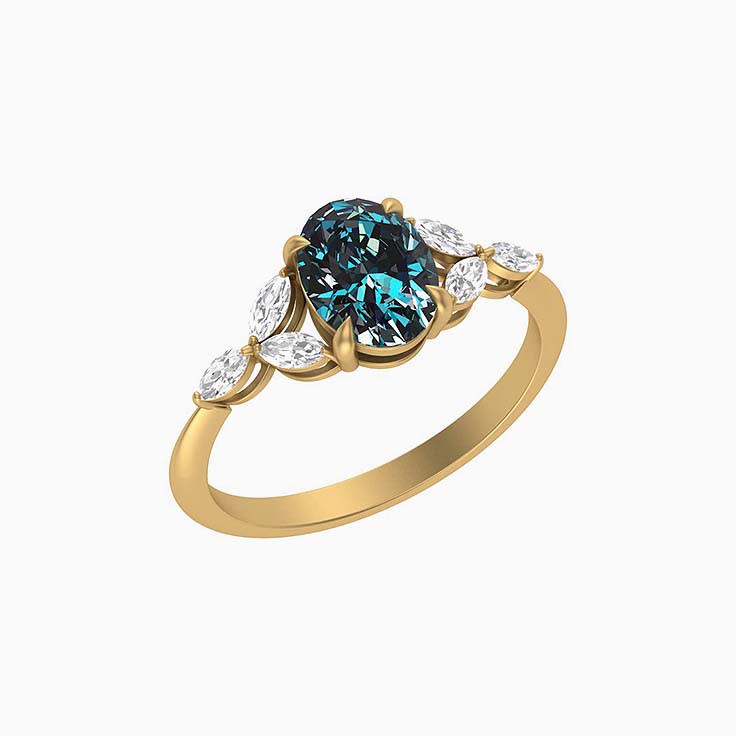 Teal Natural Sapphire and Marquise Natural diamonds