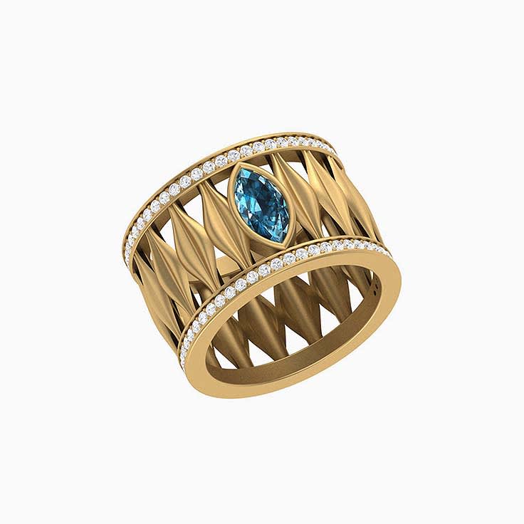 Teal Sapphire Wide band and diamond ring