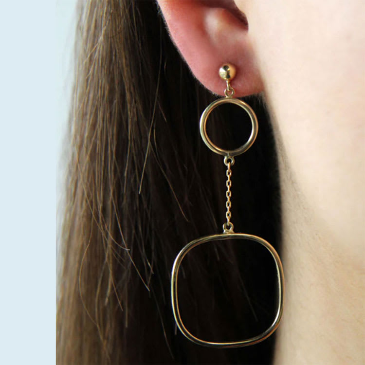 Womens Gold Double Circle Drop Stud Earrings