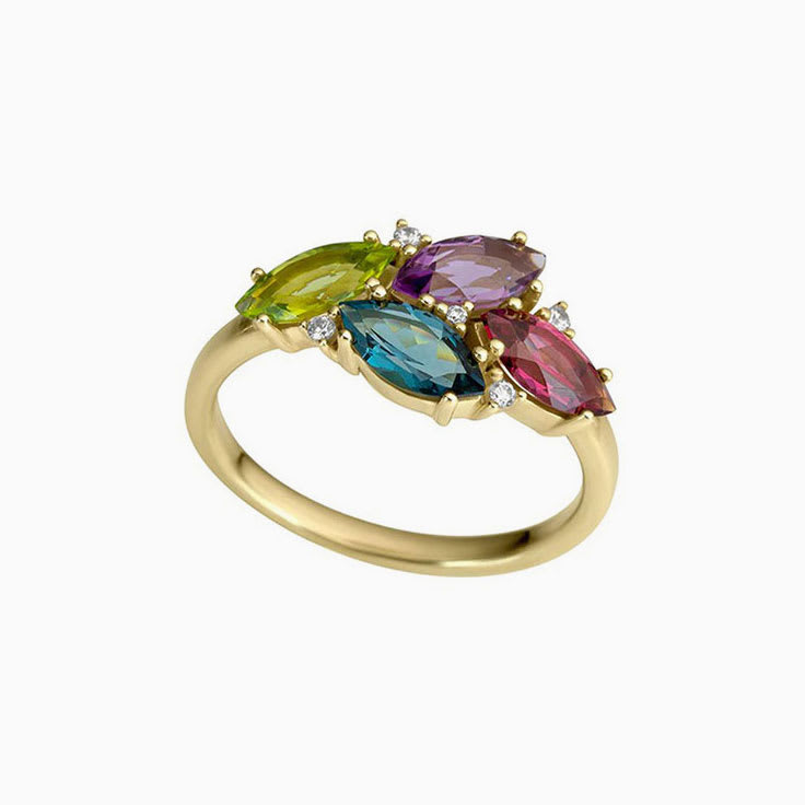 Amethyst Topaz Rhodolite Peridot and Blue London Ladies Ring in Yellow Gold