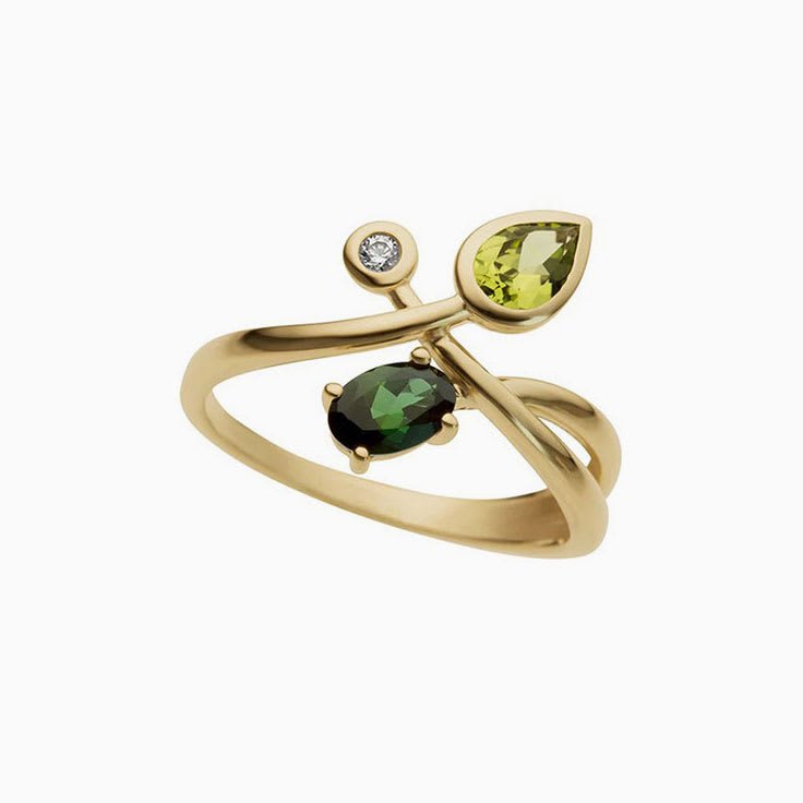 Diamond Peridot and Green Tourmaline Ring in Yellow Gold