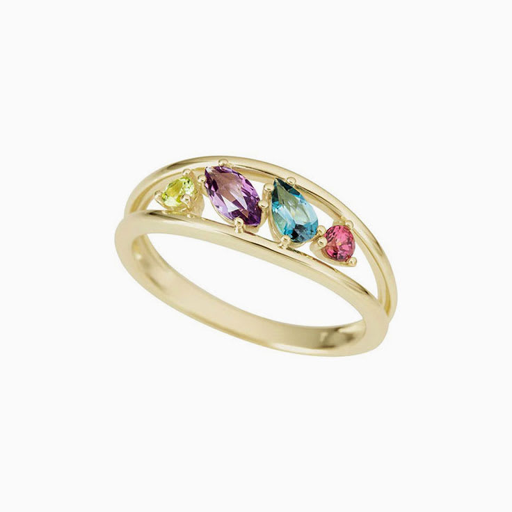 Four Peridot Rhodolite and London Blue Topaz Ladies Ring in Yellow Gold