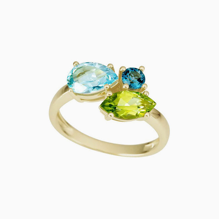 London Blue Topaz Peridot and Sky Blue Topaz Ladies Ring in Yellow Gold