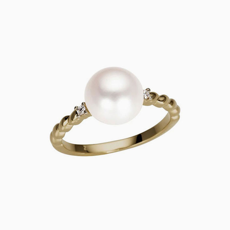 Pearl and Diamond Ladies Ring in Yellow Gold with Rhodium Plating