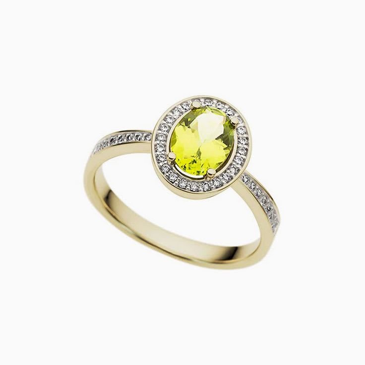 Peridot and Diamond Ladies Ring in Yellow Gold with Rhodium Plating