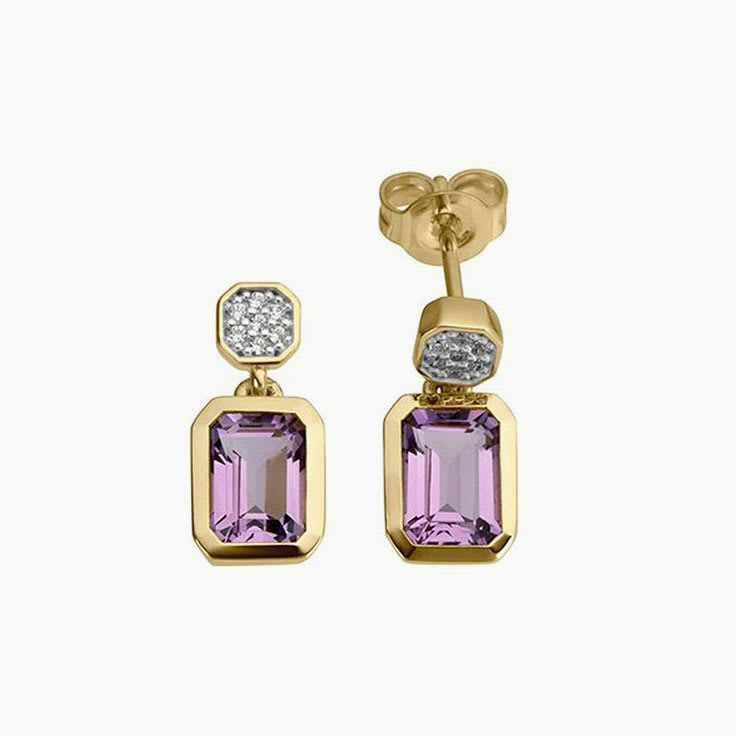 Diamond and Amethyst Drop Earrings with Rhodium Plating