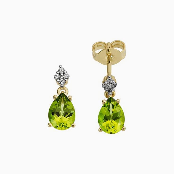 Diamond and Peridot Drop Earrings in Yellow Gold with Rhodium Plating