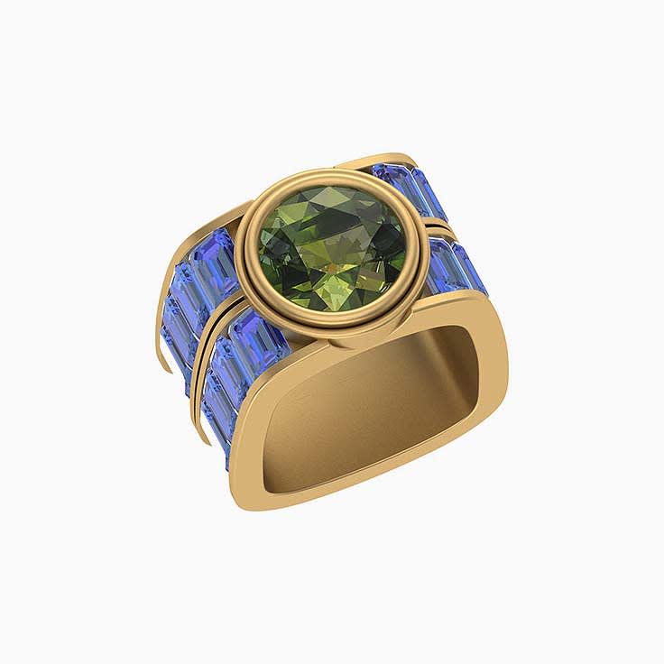 Rich Green sapphire and blue sapphire Lab grown ring