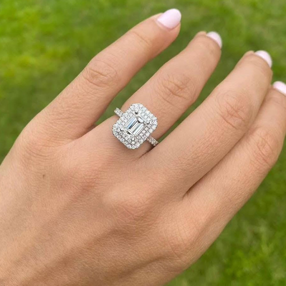 Lab Emerald Cut Diamond With A Double Halo Engagement Ring