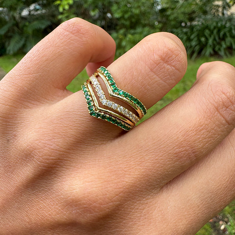 Green emerald and diamond dress ring