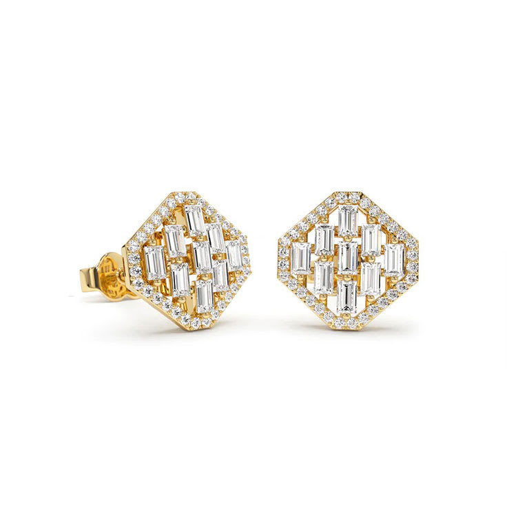 Baguette and round diamond stud