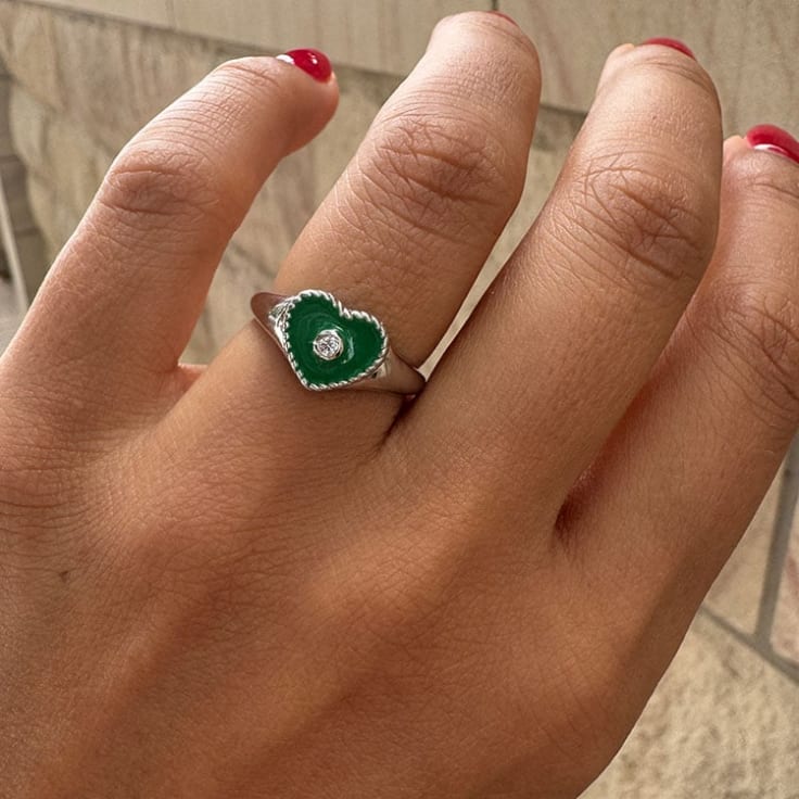 Green Enamel Heart Signet Ring
