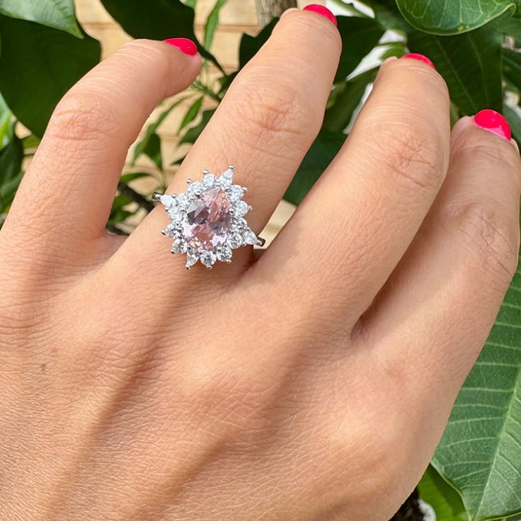 Pear cut morganite and diamond ring
