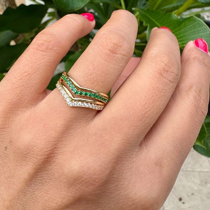 Green emerald and white diamond band