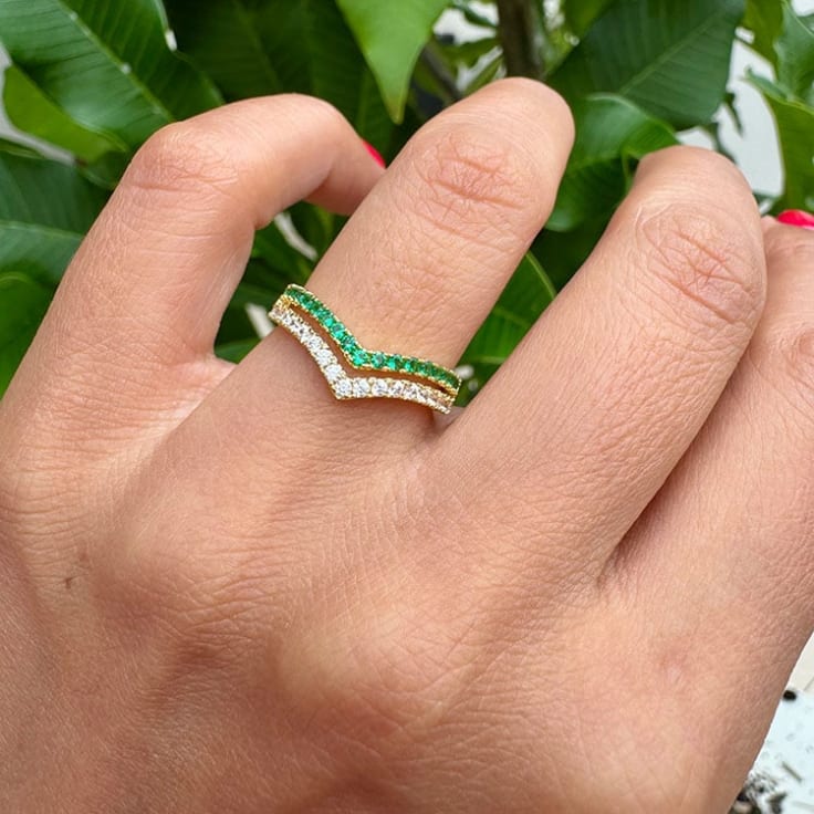 Green Emerald And Diamond Wishbone Ring