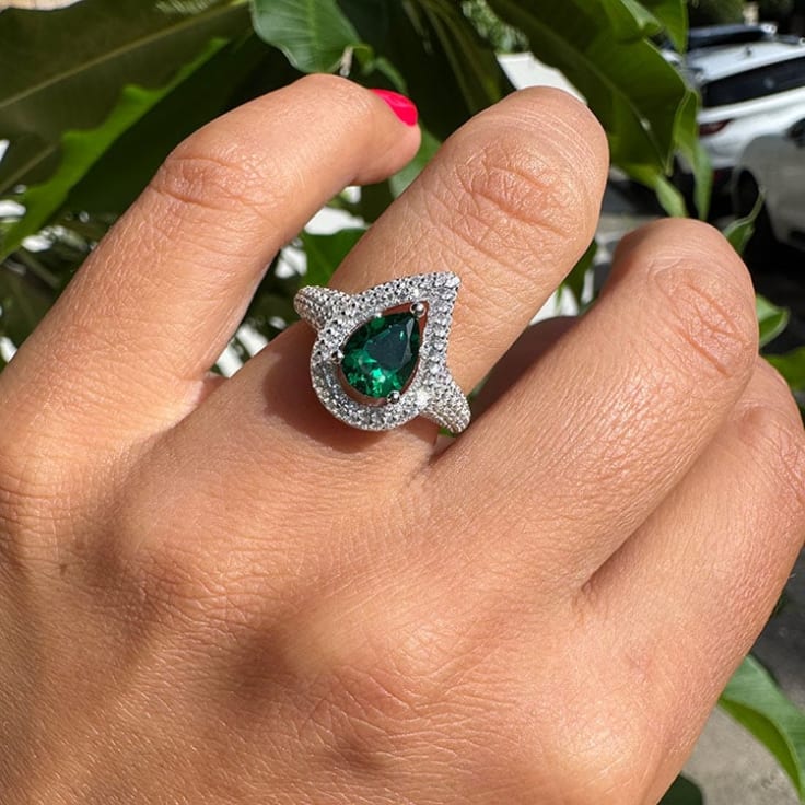 Lab Green Emerald And Lab Diamond Ring