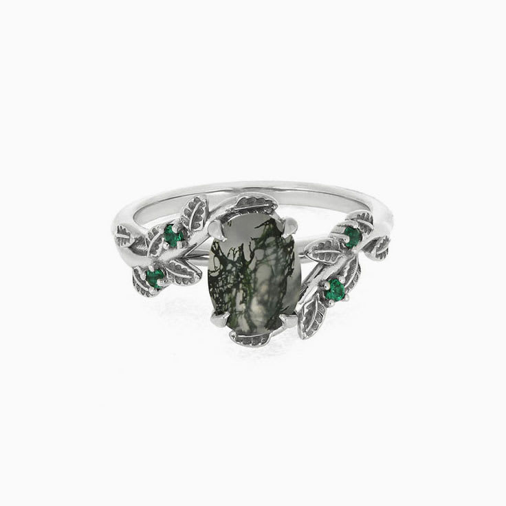 Floral Engagement Ring with Moss Agate
