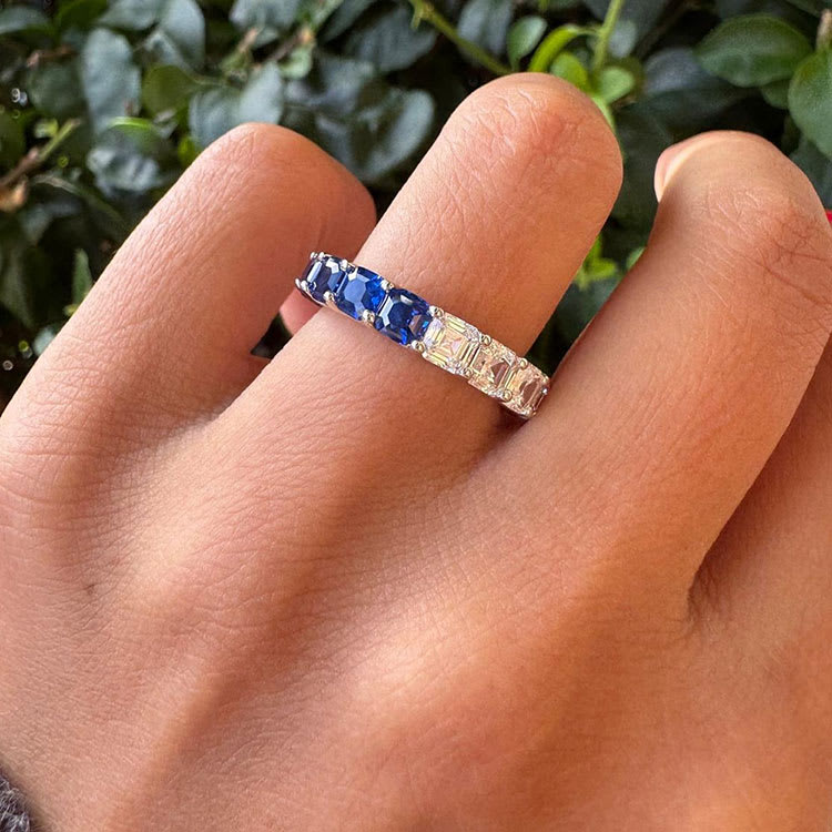 Lab Asscher Cut Diamond And Sapphire Eternity Band