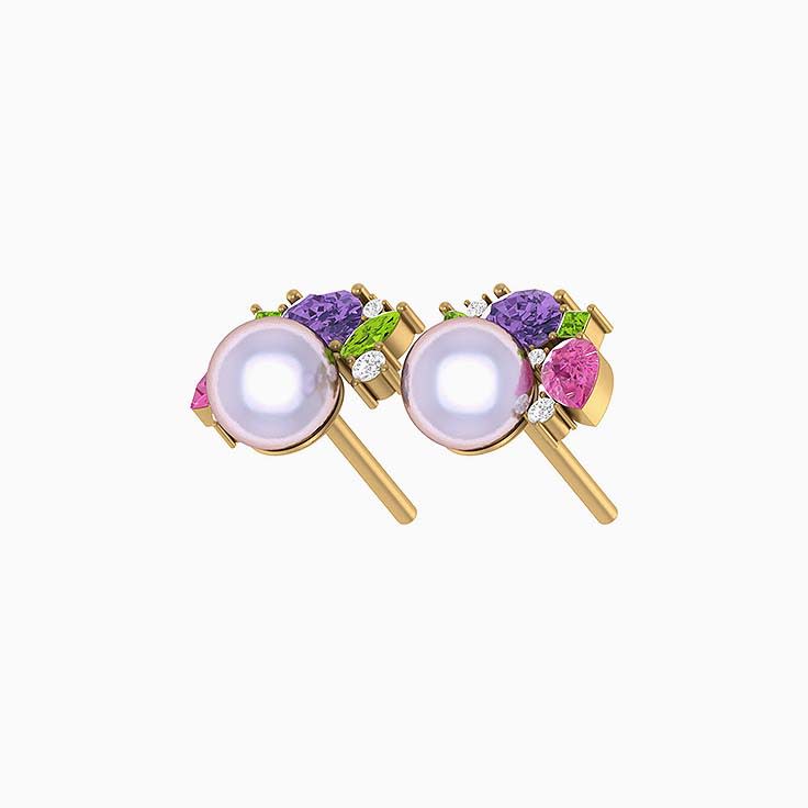 Rainbow gemstones of Tourmaline Amythest Diamond and Akoya pearl earrings