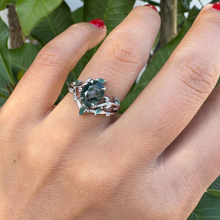 Moss Agate Set In Art Deco Style Ring