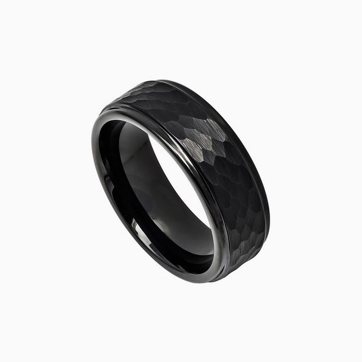 Tungsten Ring Hammered Center with Stepped Edge