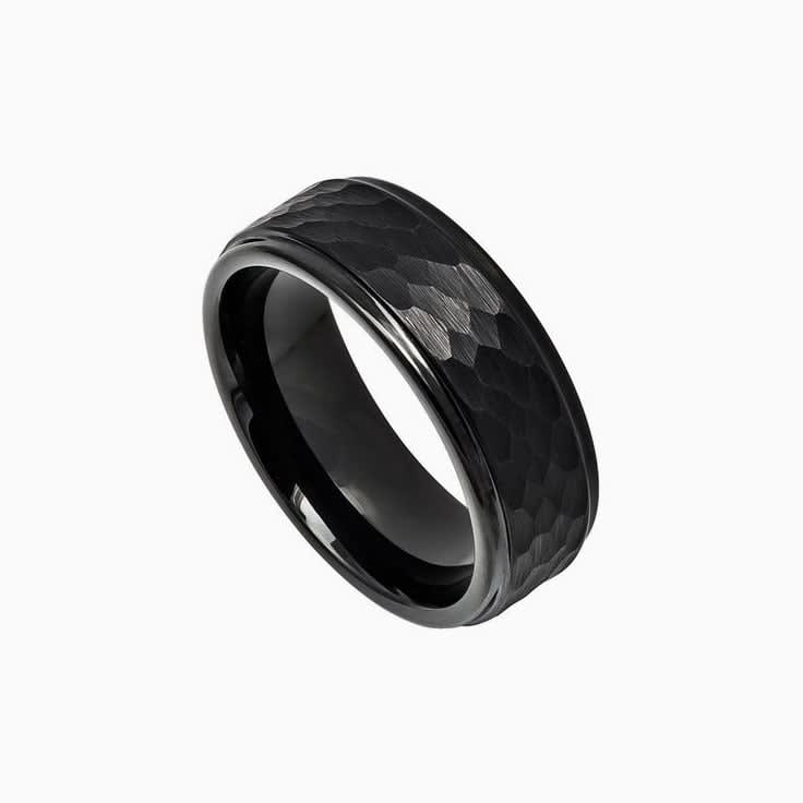 Tungsten Ring Hammered Center with Stepped Edge