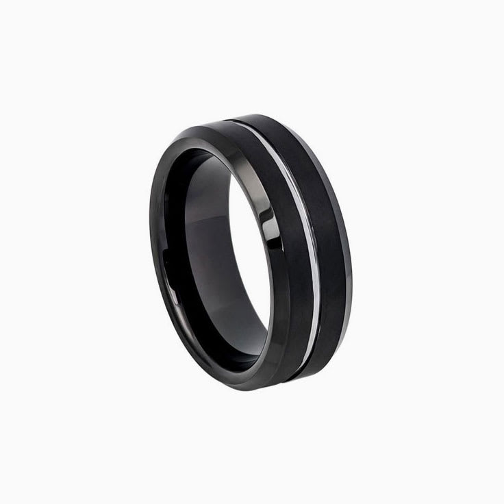 Tungsten Ring with Steel Color Grooved Center Beveled