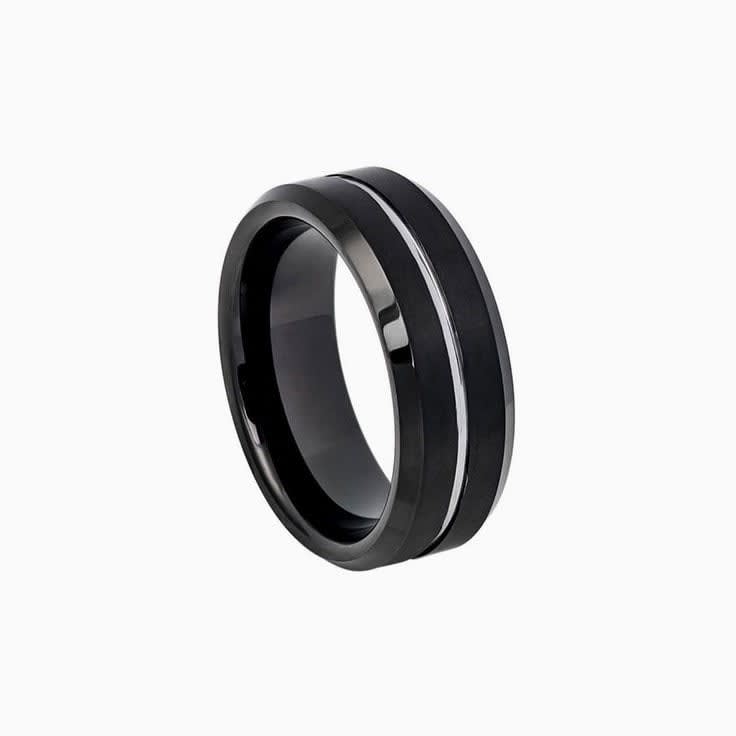 Tungsten Ring with Steel Color Grooved Center Beveled
