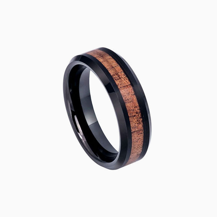 Black Ring With Hawaiian Koa Wood Inlay