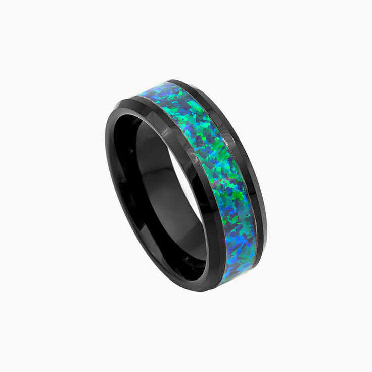 Black Ring With Emerald Green Opal Inlay