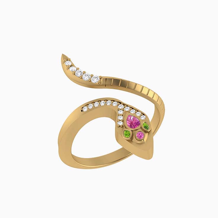 Snake ring with Rhodolite and Peridot solid gold