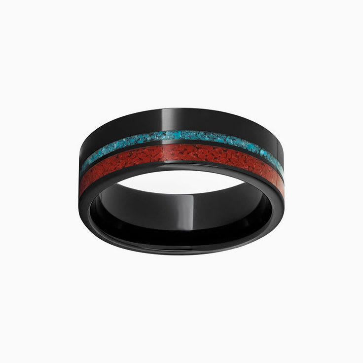 Black Ceramic Ring with Coral And Turquoise Inlays
