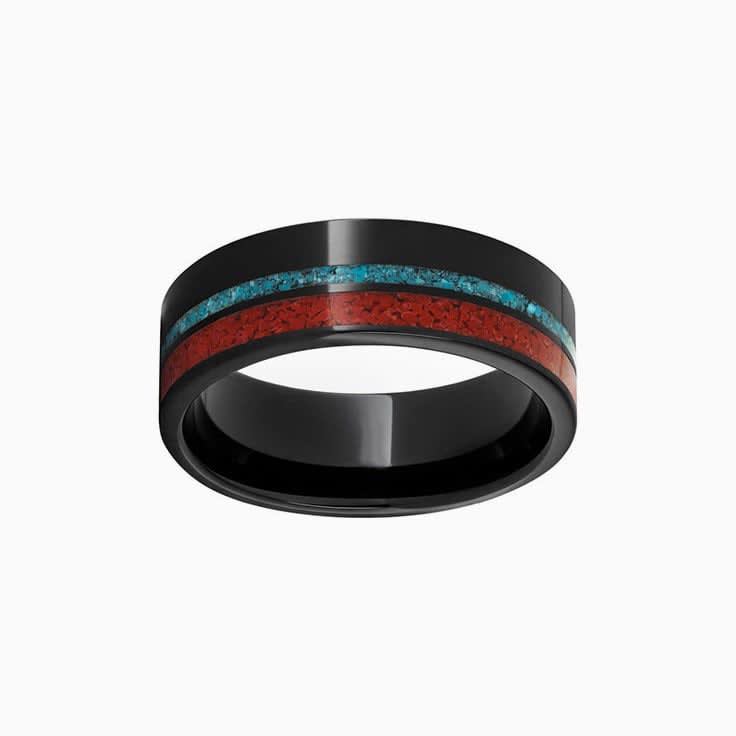 Black Ceramic Ring with Coral And Turquoise Inlays