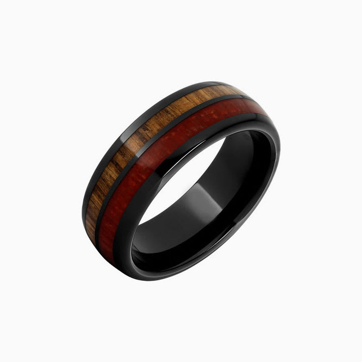 Black Ceramic Ring with Dual Wood Inlays
