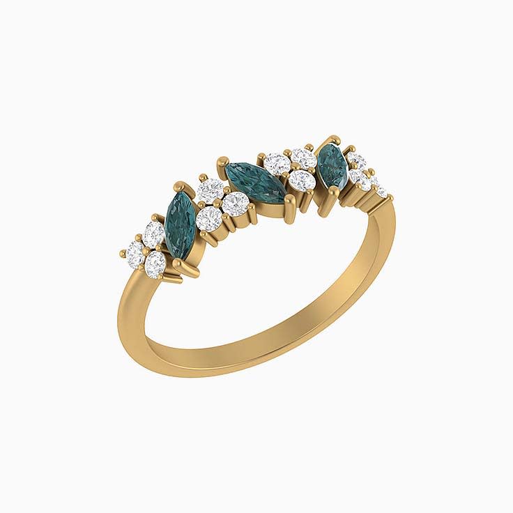 Natural Teal sapphires marquise cut and natural diamond ring