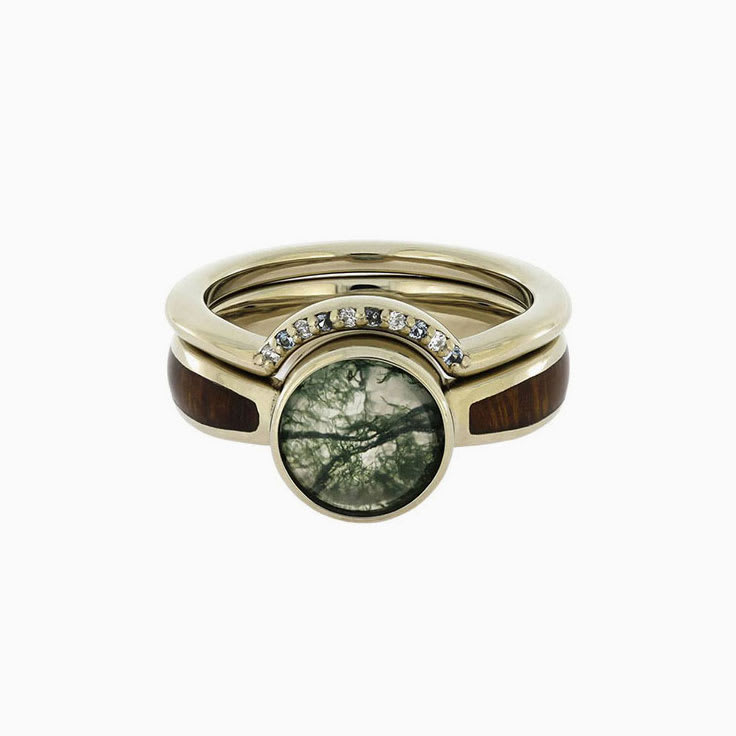 moss agate engagement ring with matching wedding band