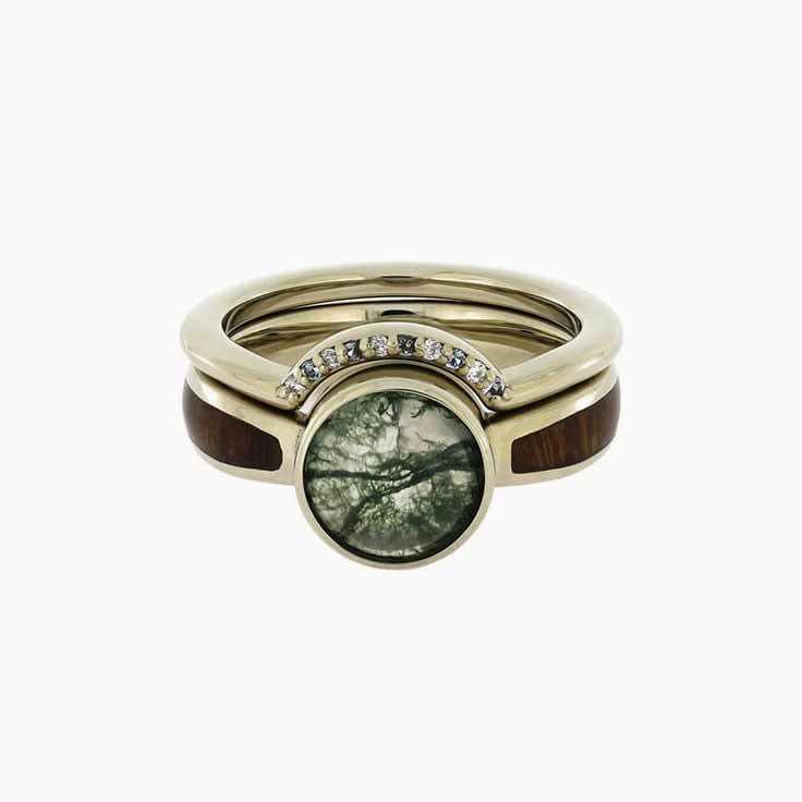 moss agate engagement ring with matching wedding band