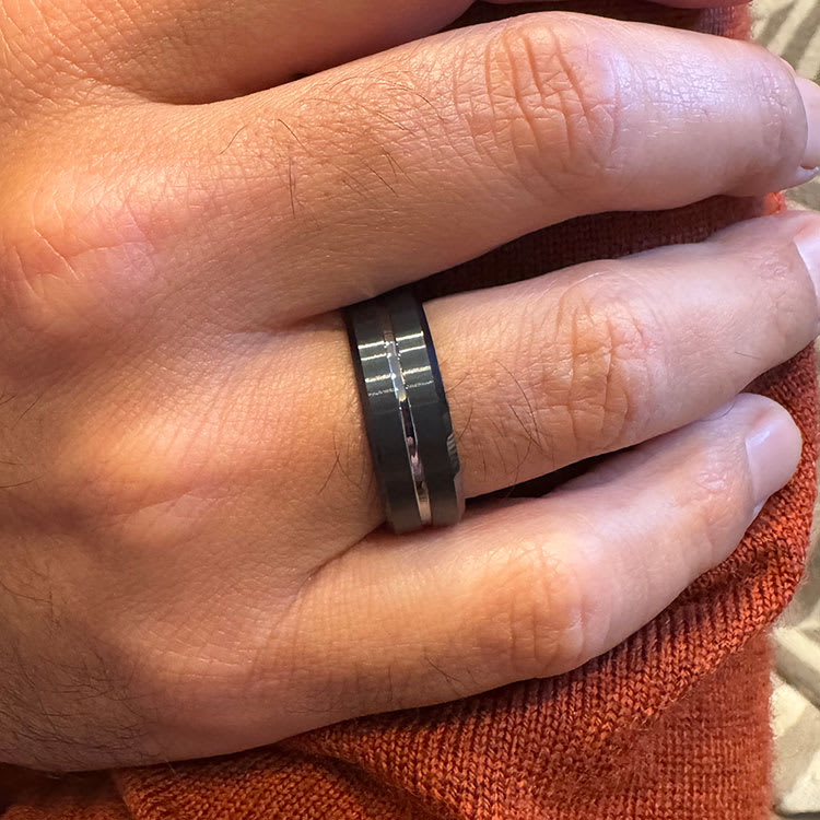 Center grooved mens black ring