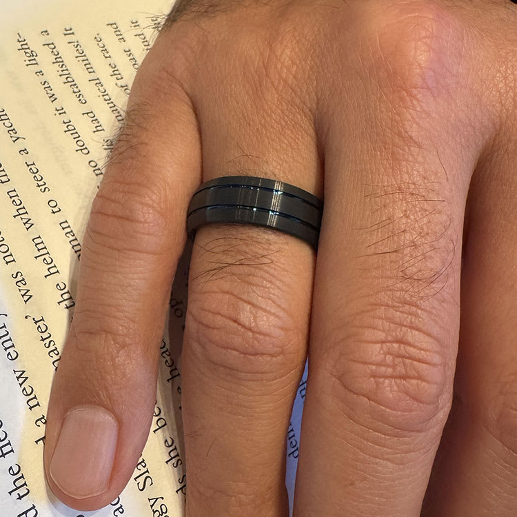 Blue stripe tungsten ring