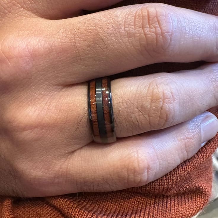 Mens wood ring in tungsten