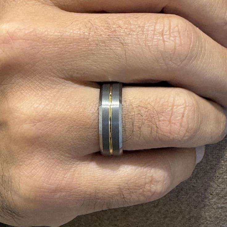 Gold grooved tungsten mens ring
