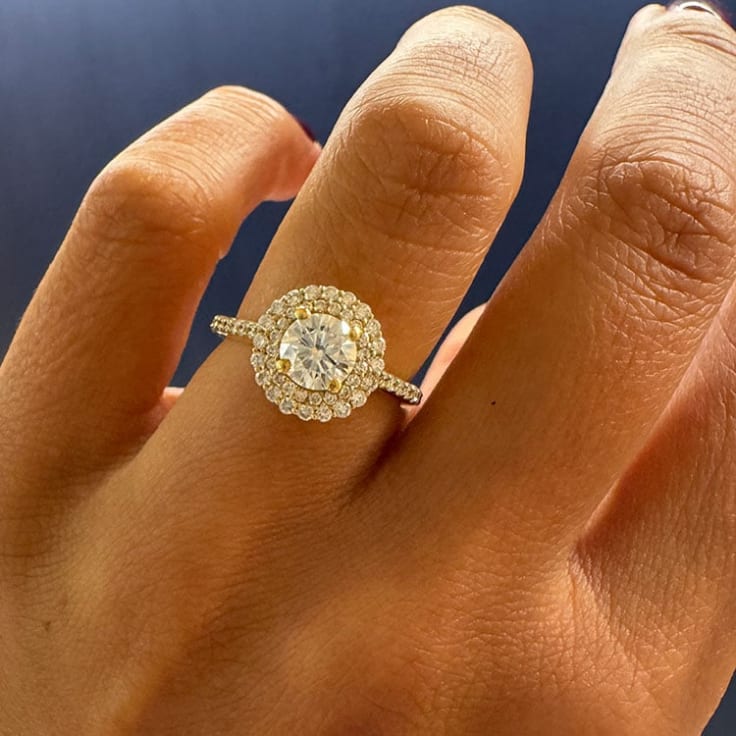 Double halo engagement ring with lab diamond